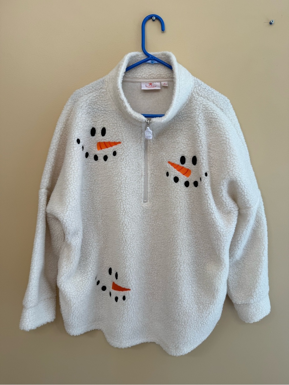 Quacker Factory Cream Sherpa Half-Zip Pullover with Snowman Carrot Appliqués